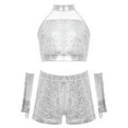 thumbnail image 5 of inlzdz Kids Girls Jazz Latin Dance Outfits Sequin Halter Crop Tops with Shorts Tassel Gloves Dancewear Silver 16, 5 of 7