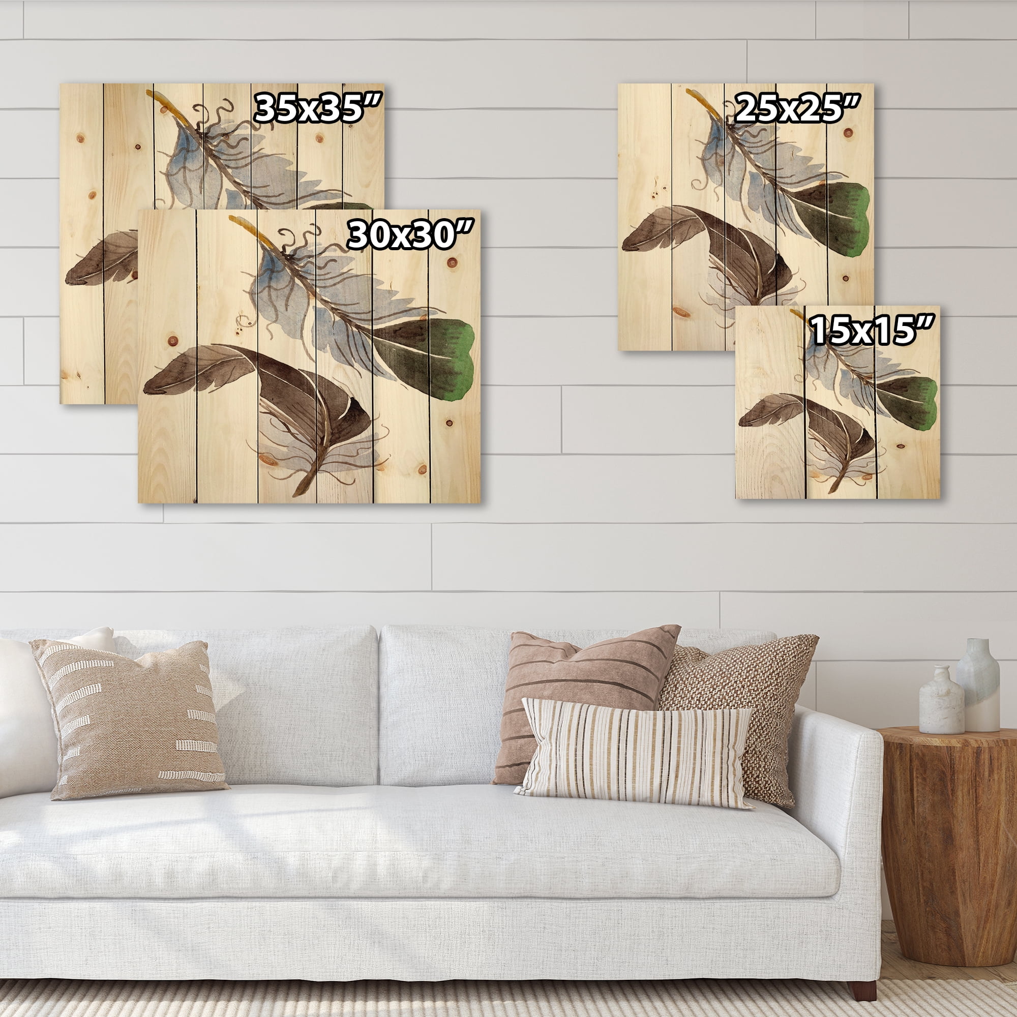 Designart 'Abstract Green Bird Feather From Wing' Bohemian & Eclectic Print on Natural Pine Wood
