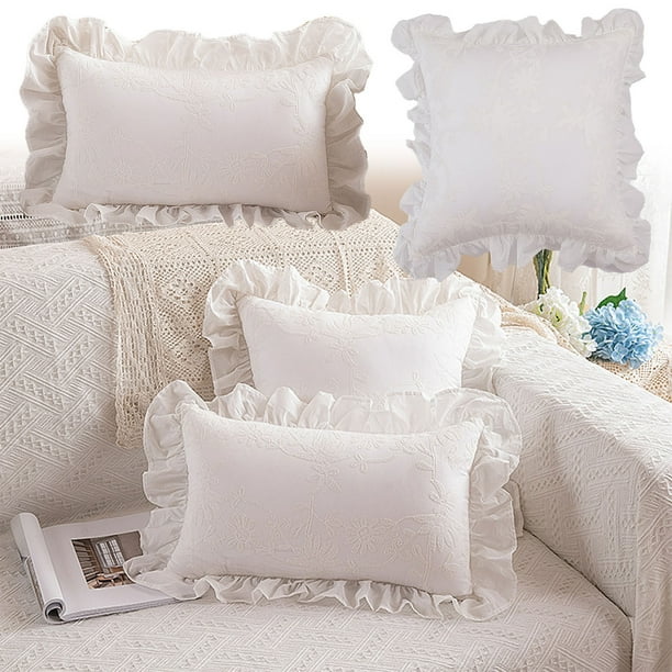 Fundas decorativas para cojines - 45x45cm y 50x30cm Juego de 2 - diseño blanco suave con volantes para sofá, salón y cama