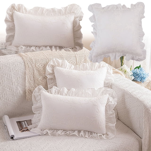 Fundas decorativas para cojines - 45x45cm y 50x30cm Juego de 2 - diseño blanco suave con volantes para sofá, salón y cama