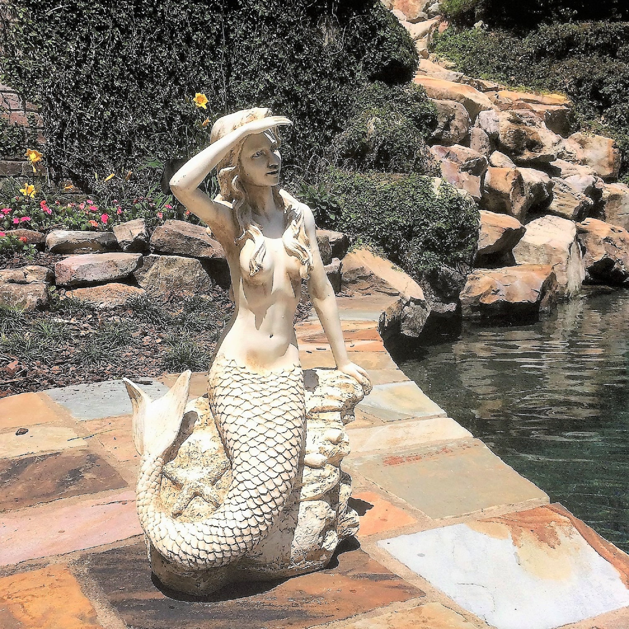Homestyles 22 in. Antique White Classic Mermaid Sitting on Coastal Rock  Looking Out to Sea Beach Nautical Extra Large Statue 