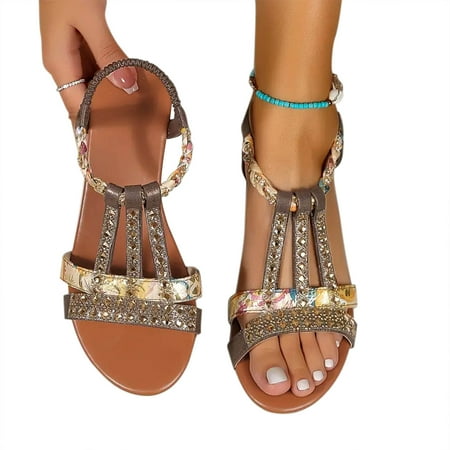 

mtvxesu Sandals Women Women s Mouth Slip-on Slope Heel Shoes Casual Bohemian Rhinestone Roman Sandals Womens Sandals Comfortable Dinner Party Final Markdown