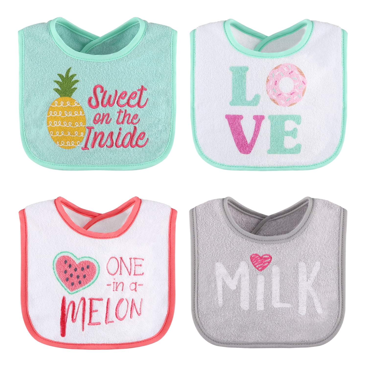 The Peanutshell Baby Girl Terry Bibs, 16 Pack for Feeding, Teething, or Drooling, Girl Foods/Neutral Foods