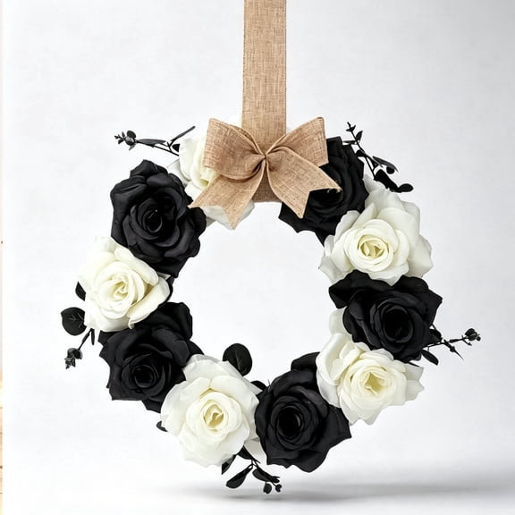 Halloween Rose Wreath, 11.81 Inch Black & White Artificial Flower Wreath with Burlap Bow, Gothic Front Door Wall Hanging Decor for Fall Autumn Home, (1PC)