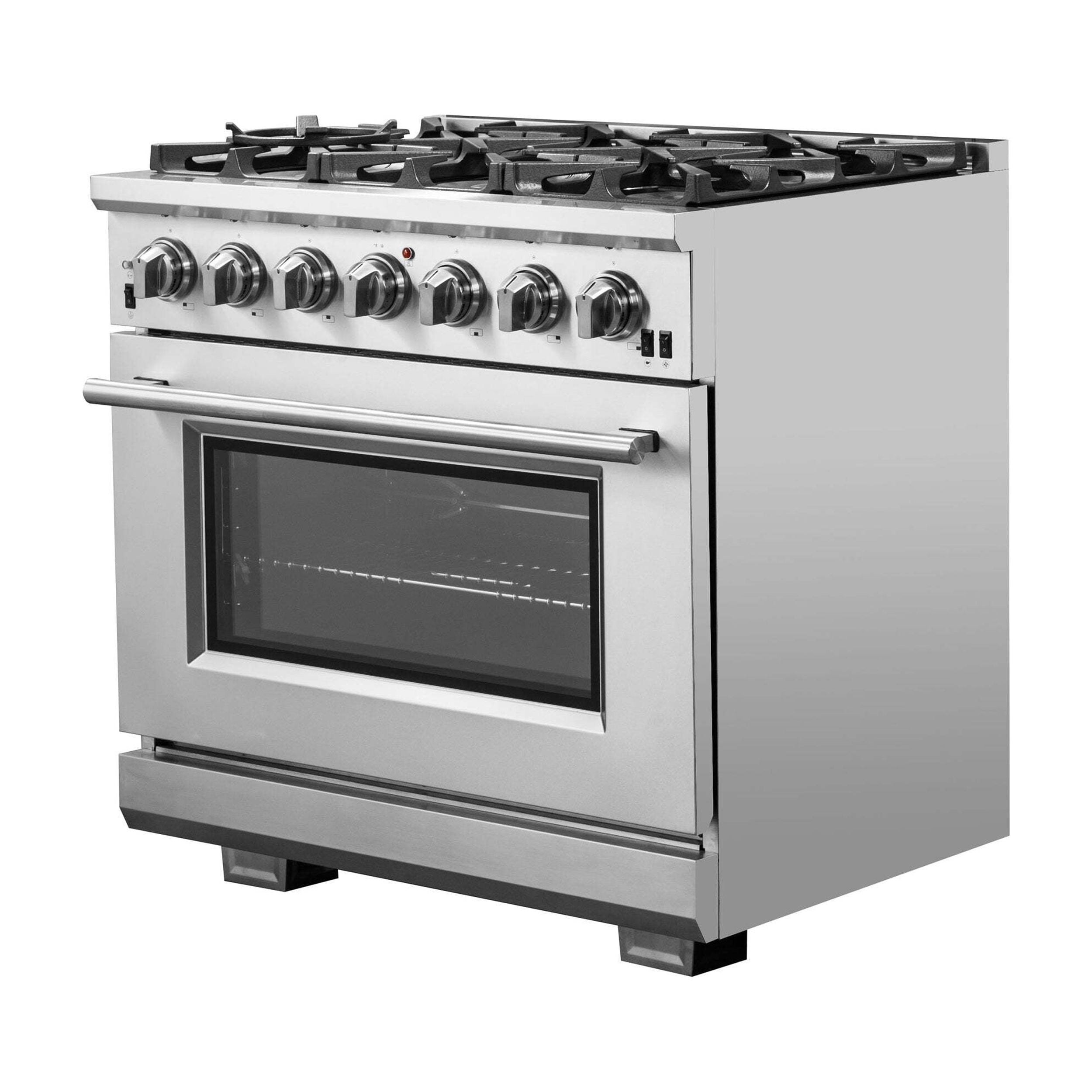 FORNO Capriasca 48-inch Freestanding Gas Range All Stainless Steel, 8 Brass Burners 160,000 BTU, Wok Support & Griddle, 6.58 cu.ft. Double Ovens with Rotisserie