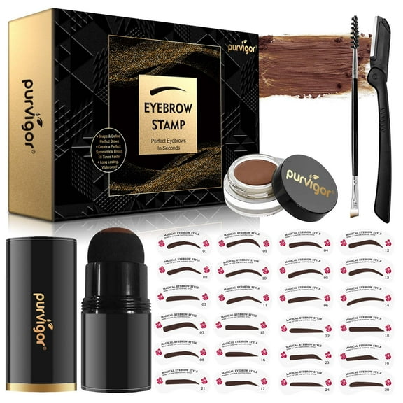Purvigor Eyebrow Stencil Kit (Light Brown) Natural Waterproof Brow Stamp