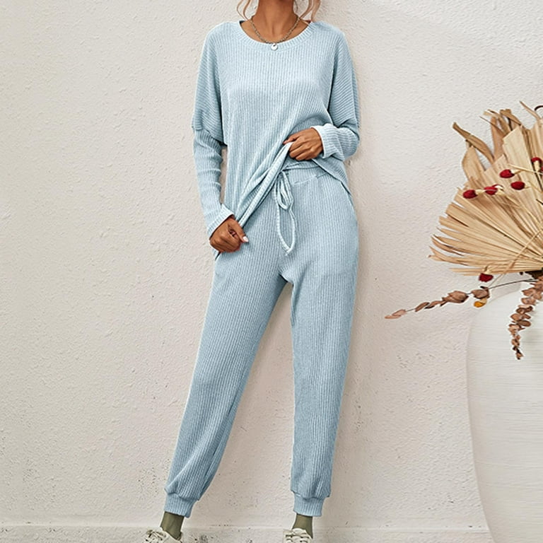 Stamzod Womens Loungewear Set Clearance 2 Piece Sets Loose Top Solid Color  Long Sleeve Stripe Texture Long Pants Round Neck With Pocket Large Size