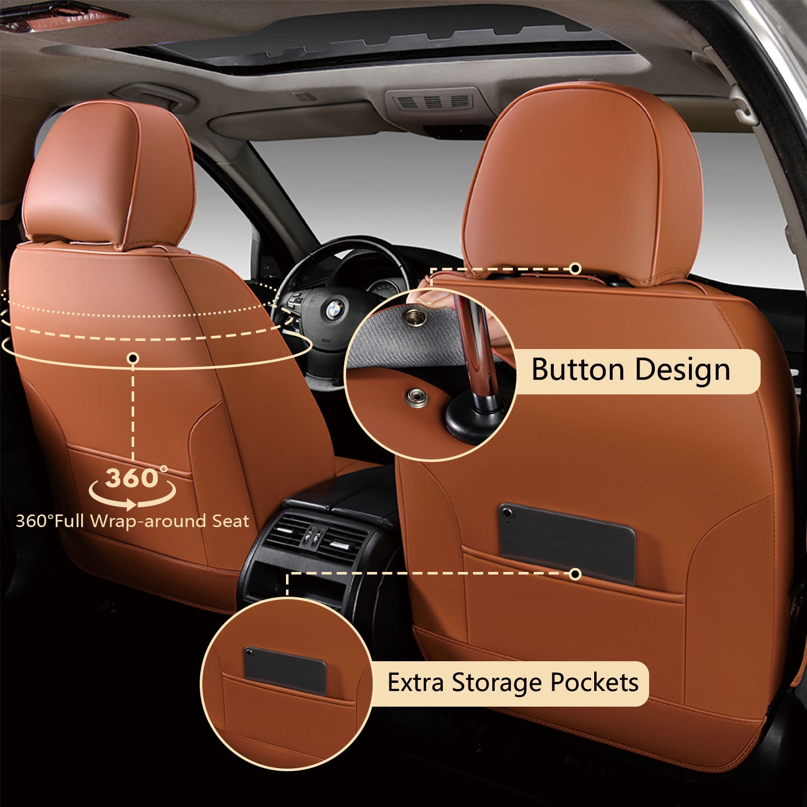FLORICH Front Car Seat Covers, Luxury Faux Leather Seat Protectors, Automotive Seat Cushions Universal Fit for Most Cars Trucks SUV, Brown
