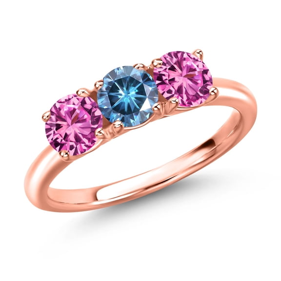 Gem Stone King 18K Rose Gold Plated Silver Persian Blue Moissanite and Pink Created Sapphire Engagement Ring for Women | 1.60 Cttw | Round 5MM | Gemstone Birthstone | Size 5