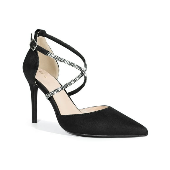 BLISSFUL STEP Pointy Toe Crisscross Rhinestone Ankle Strap Stiletto Heel Pumps for Women Black 6