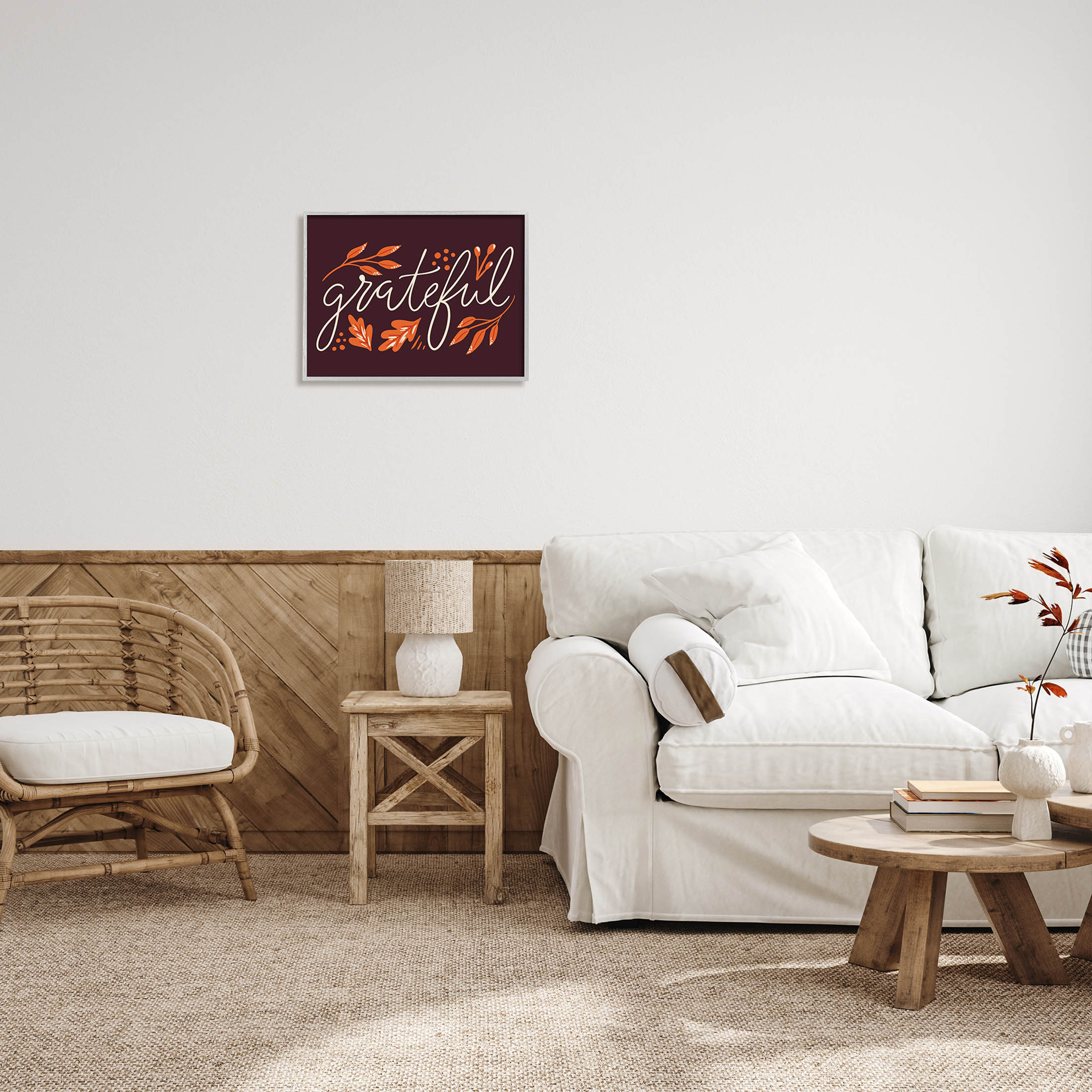 Grateful Autumnal Leaves Phrase Holiday Graphic Art Gray Framed Art Print Wall Art