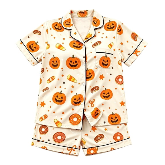 Elegyee Girls Halloween Pumpkin Pajamas Cute Button Down Shirt Shorts, Size 5-6