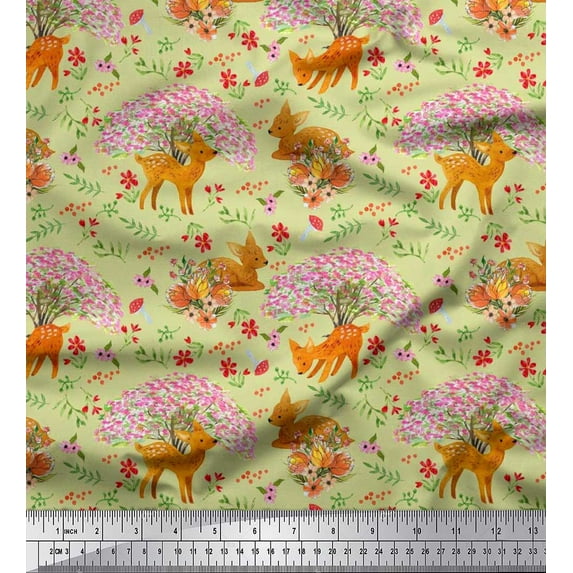 Soimoi Cotton Cambric Fabric Tree,Floral & Deer Animal Decor Fabric Printed Yard 56 Inch Wide