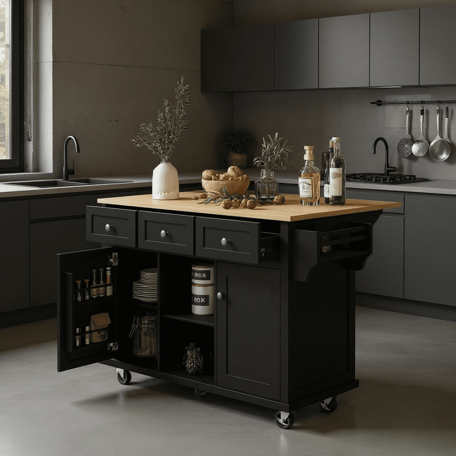 Homy Casa Drop-Leaf Kitchen Island with Storage, Wheels, Adjustable Shelves & Spice Rack, Black