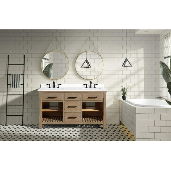 Lauren 60" Bathroom Vanity Weathered Fir - White Engineered Stone Countertop