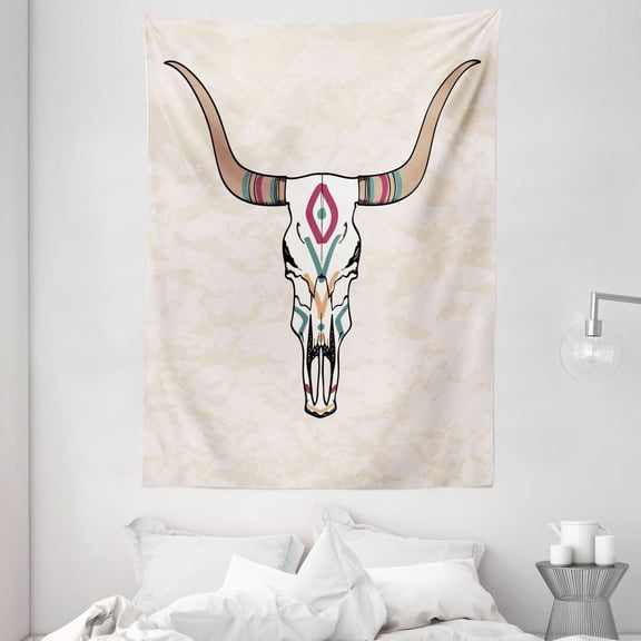Rodeo Tapestry, Portrait of Tribal Bull Skull Design Folk Aztec Pattern, Wall Hanging for Bedroom Living Room Dorm Decor, 60W X 80L Inches, Pale Peach Dried Rose Teal Grey Yellow, by Ambesonne