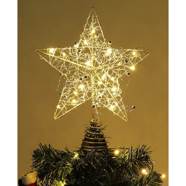Tree Topper, Battery Powered Decorative Glittered Tree-top Star with LED Lights, Durable Golden Iron Star Shape Tree Topper Xmas Party Halloween Home Night&Day Decor, Gold
