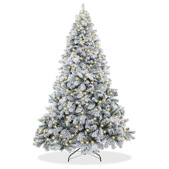 7.5FT Pre-Lit Realistic Snow-Flocked Pine Artificial Holiday Christmas Tree with Sturdy Metal Stand