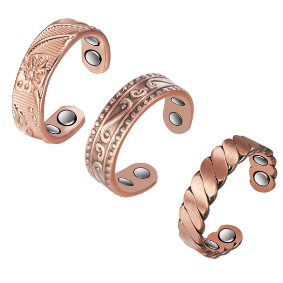 Metaljc Elegant Magnetic Pure Copper Cuff Ring for Women, Set of 3 Adjustable Fashion Jewelry