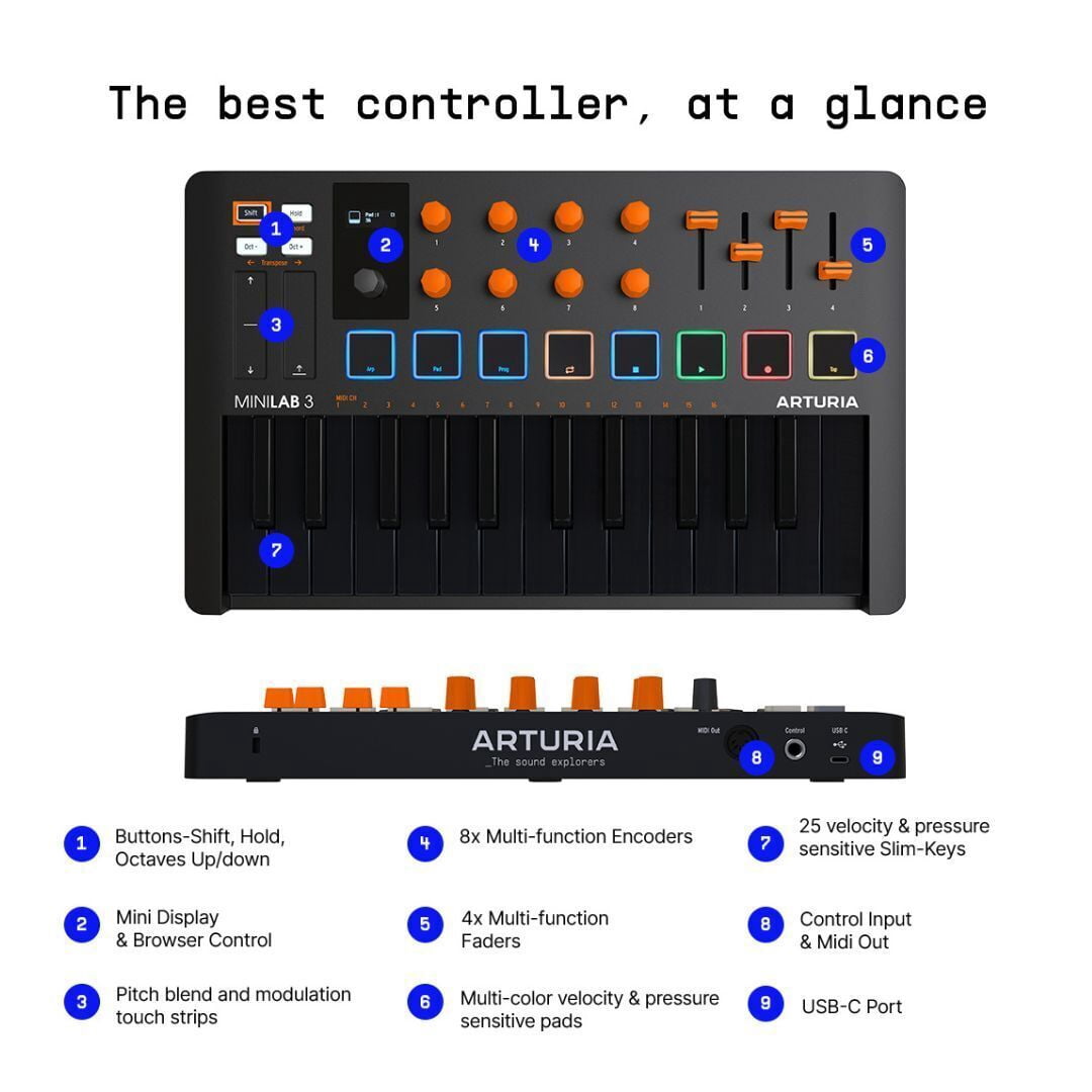 Arturia MiniLab 3 Orange Compact MIDI Keyboard and Pad Controller (Special Edition Orange and Black)