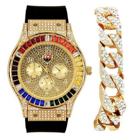 Charles Raymond Iced Out Mens Color on Blast Watch Single or Combo Sets with Blinged Out Bracelets Set. Iced Out Colourful Rainbow Flame Collection (ST10380-C GLD)