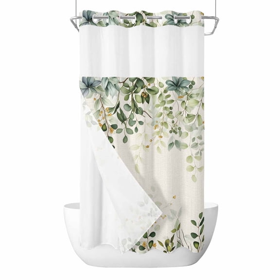No Hook Sage Green Shower Curtain with Snap in Liner Set, Eucalyptus Leaves Waterproof Fabric Bathroom Curtains with See Through Top Window, Hotel Style Small 36 x 72 Inch