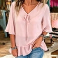 thumbnail image 2 of Tqcoqu Women's Solid Loose Flowy Casual Chiffon Blouse Top,V Neck Tie Front 3/4 Flared Bell Sleeve Ruffle Hem,Pink Women's S-XXXL, 2 of 8