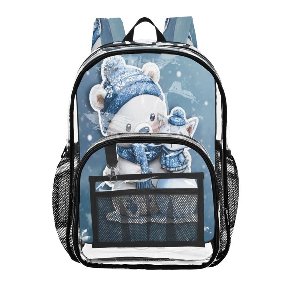 Clear PVC Backpack 12L Transparent Shoulder Bag with Mesh Pockets Polar Bear and Fox Pattern