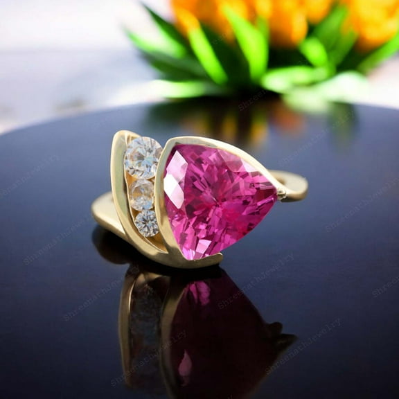 SHREENATHJEWELRY 8MM / 1.5Ct Pink Sapphire Engagement Ring- CZ Diamond Alternative Fine Women Jewelry September Birthstone Ring Anniversary Gift For Wife