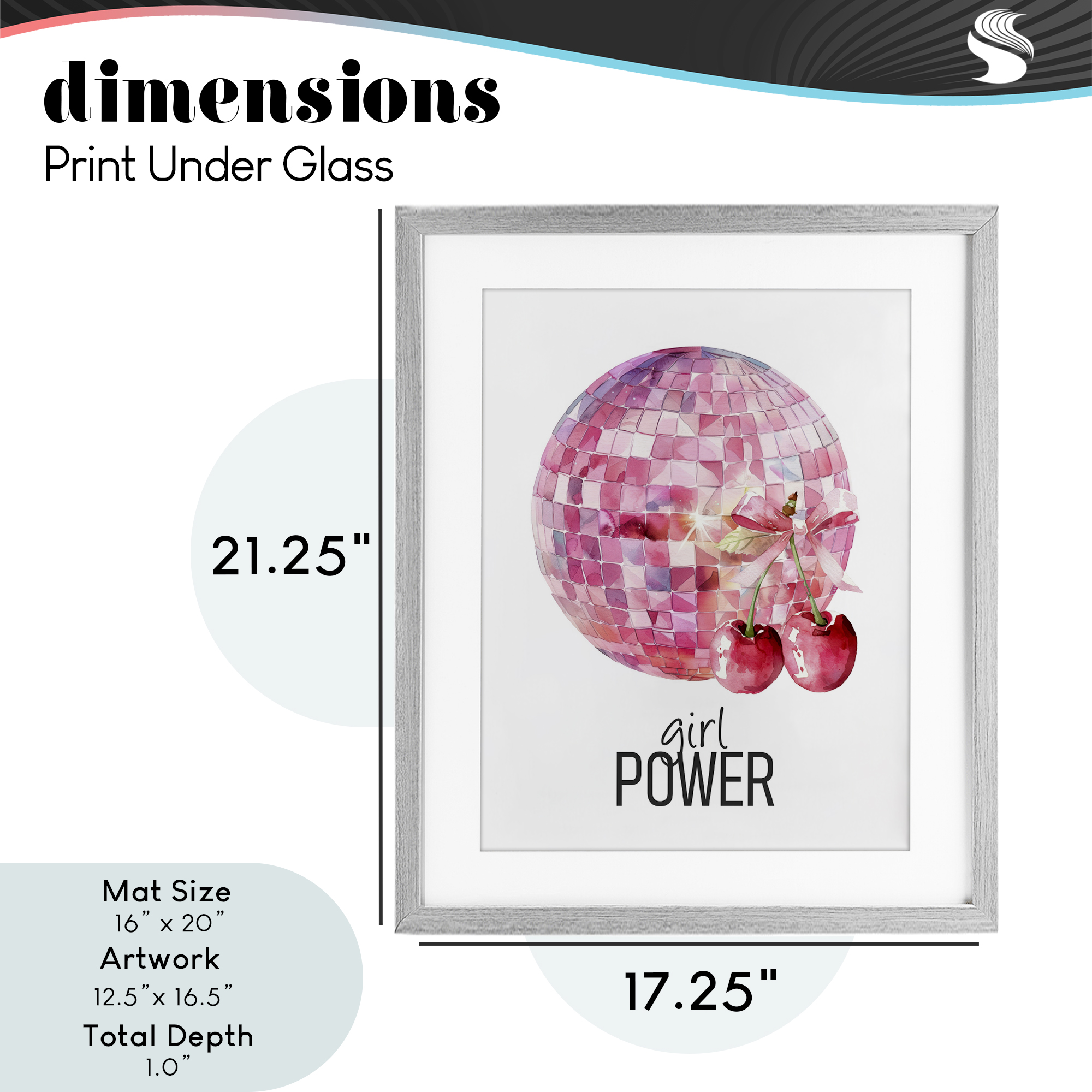 Girl Power Disco Cherries Gray Framed Print Under Glass, design by Kim Allen