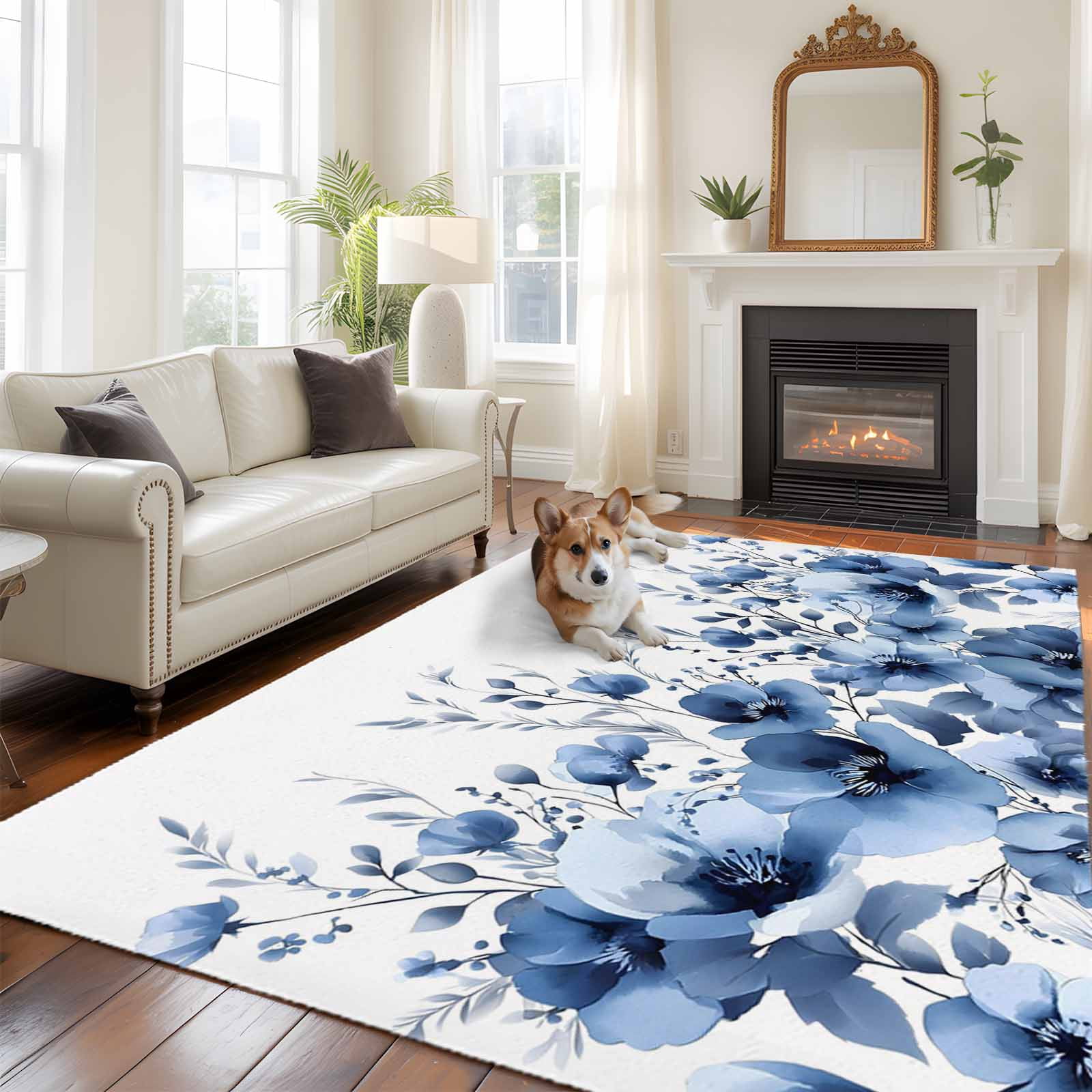 Large Area Rugs for Living Room Bedroom, Blue Blooms Floral 8'x10' Rug Washable Carpet Runner Indoor Outdoor, Farmhouse Spring Flowers Botanical Non Slip Floor Mats Rug for Kitchen, Patio