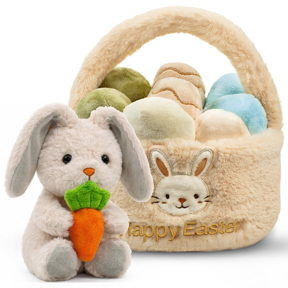 Easter Plush Bunny with Carrot & Easter Egg Plush Basket Toy Set, Cute Easter Stuffed Plush Bunny & Easter Basket Plush with Eggs, Easter Toy Gift Set
