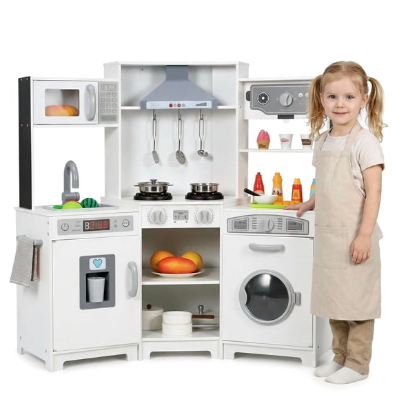 TLSUNNY Kids Corner Play Kitchen, Wooden Pretend Kitchen Playset W/ Washer, Range Hood W/ Lights & Sound, Stove, Ice Maker, Coffee Maker, Cutting Board, Gift for Boys Girls