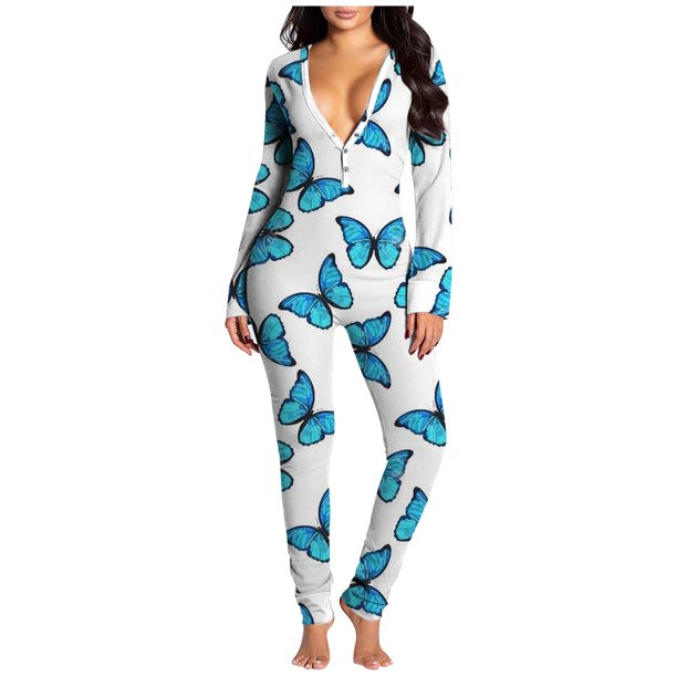 Womens Onesie Pajamas Sexy Deep V Neck Print Long Sleeve Butt Button