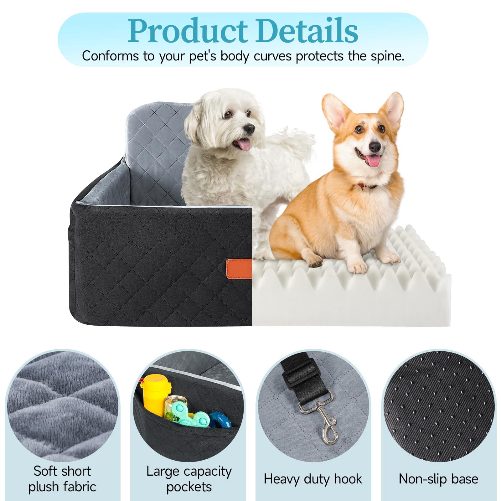 Dog Car Seat for Medium and Large Dogs up to 55 lbs – Washable Pet Car Bed with Safety Leashes, Booster Dog Seat for Car Backseat for 2 Small Dogs or One Large Pet – Dog Bed for Car Travel