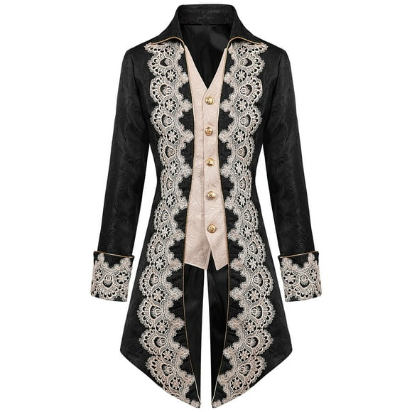 Hauts pour Hommes Hauts Unis Patchwork Motif Dentelle Manches Longues Manteau Rétro Élégant Formel Col à Revers Manteaux d'Hiver Gothique Manches Roulées Hauts Habillés (Noir,3TG)