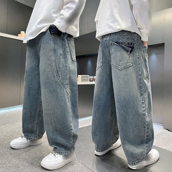 Boy's High Waisted Straight Leg Jeans Loose Fit Cargo Denim Jeans Machine Washable Jeans with Multi Pockets for Boys