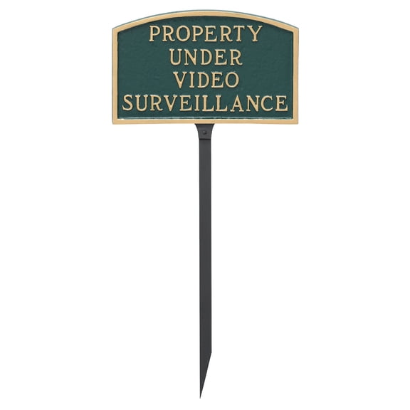 5.5" x 9" Small Arch Property Under Video Surveillance Statement Plaque Sign with Lawn Stake - Green/Gold