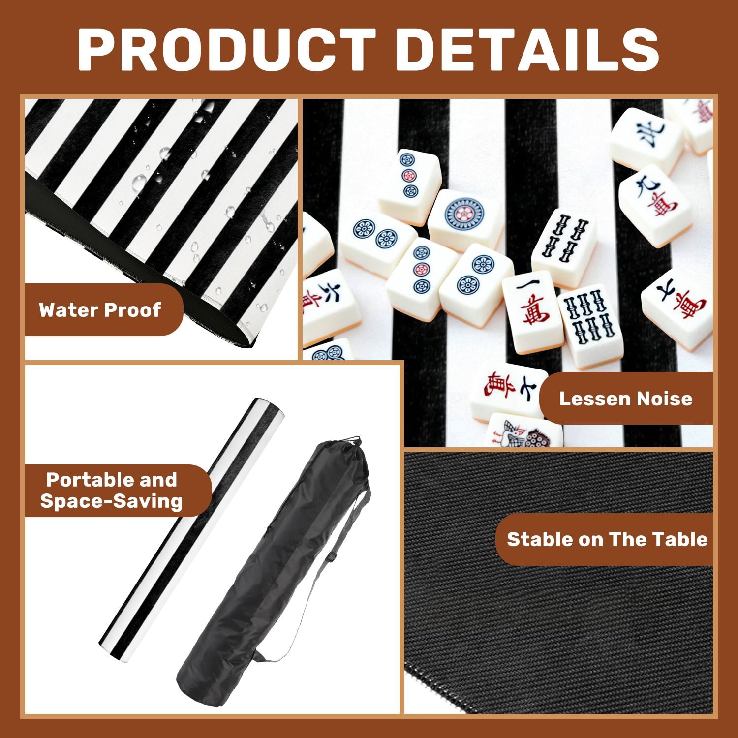 Mahjong Mat 31.5" x 31.5" Seamless black stripes white abstract hand Non-Slip Noise Reduction American Mahjong Tiles Table Cover for Dominoes Poker Card Board Games Gift