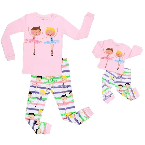 Elowel Ballerina Matching Girl & Doll 2 Piece Pajama Set 100% Cotton Size  8,Pink