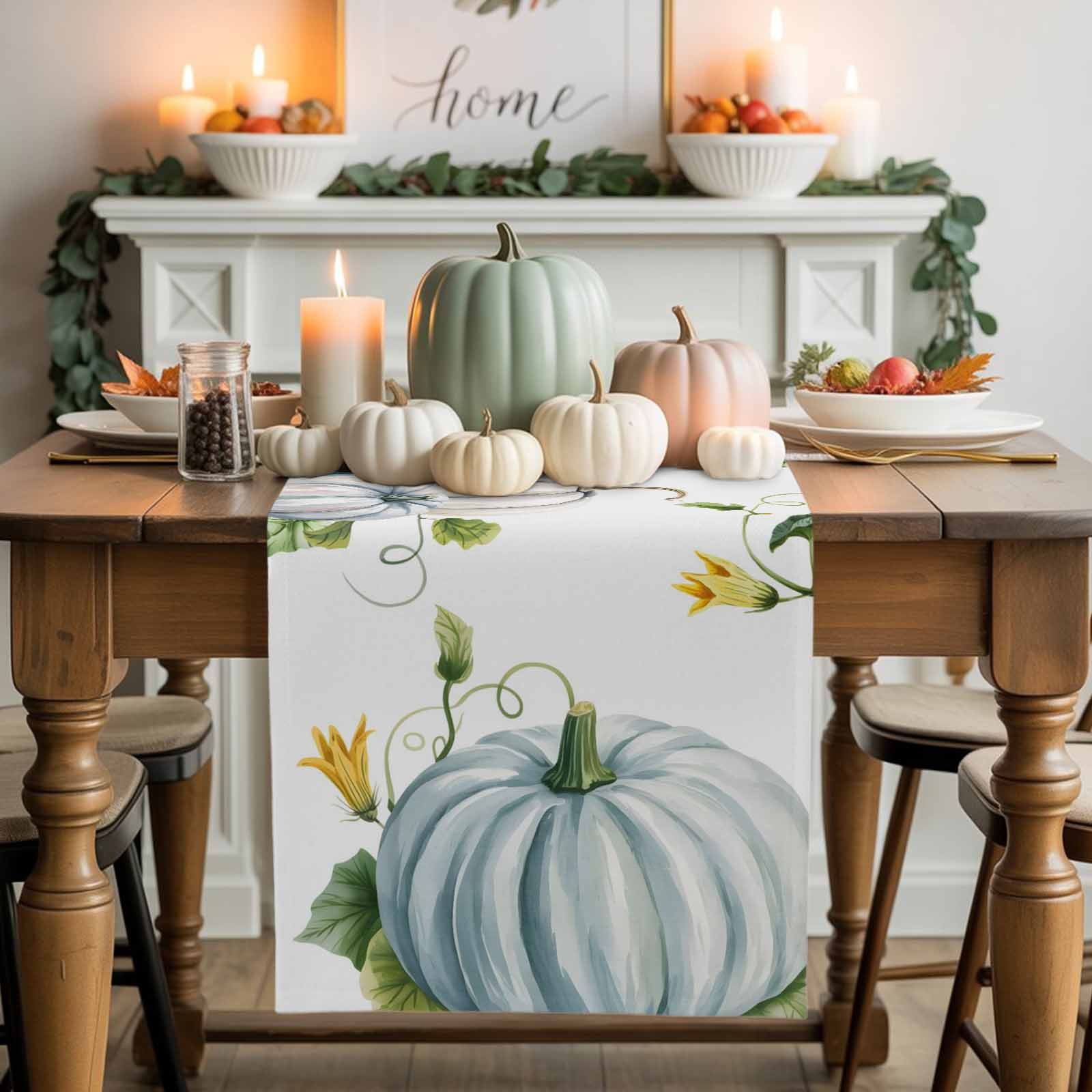 White Blue Pumpkin Table Runner Autumn Thanksgiving Kitchen Dining Table Decoration for Home Party Decor 13x48 Inches