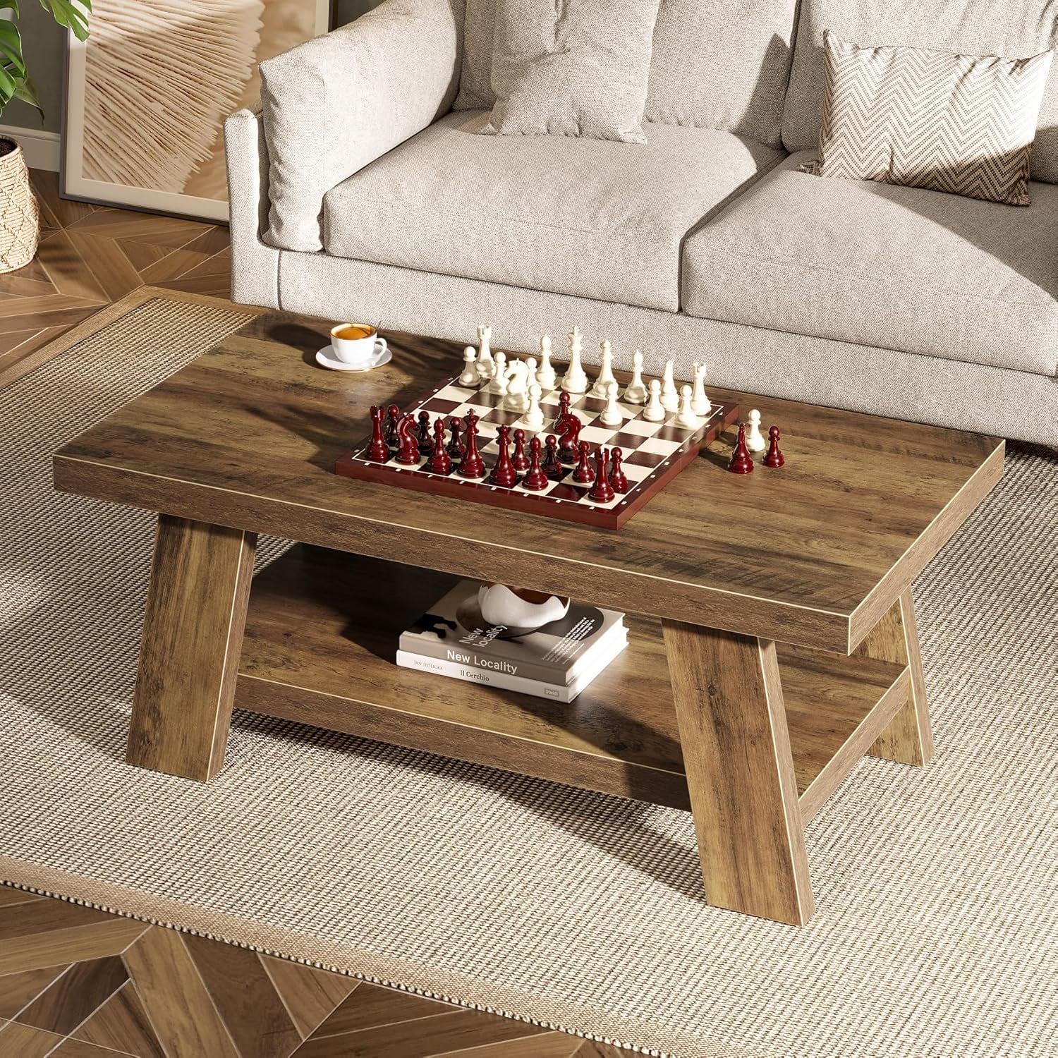 Tribesigns 2-Tier Rectangular Coffee Table, 47.24" Farmhouse Center Table with Storage Shelves for Living Room (Rustic Brown)