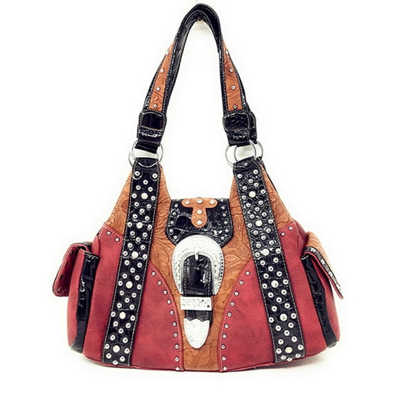 Premium Western Rhinestone Suede Leather Womens Handbag Purse With Cross In Multi Colors