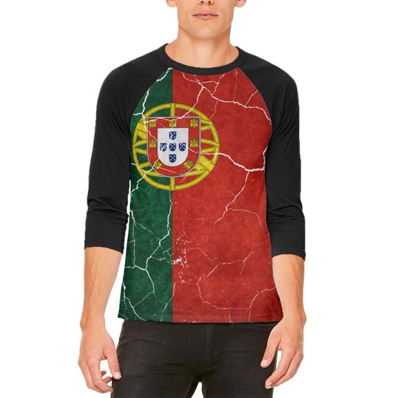 Distressed Portuguese Flag Mens Raglan T Shirt White-Black X-LG
