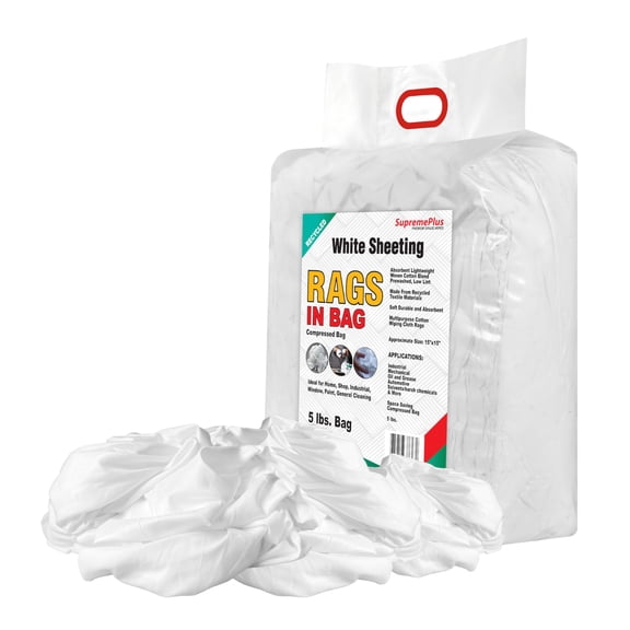 SupremePlus Sheeting Cleaning Rags 5 lbs Bag of Rags Commercial Lint-Free Multipurpose Cotton Household Cleaning Cloths & Wipes, White, 45 Count