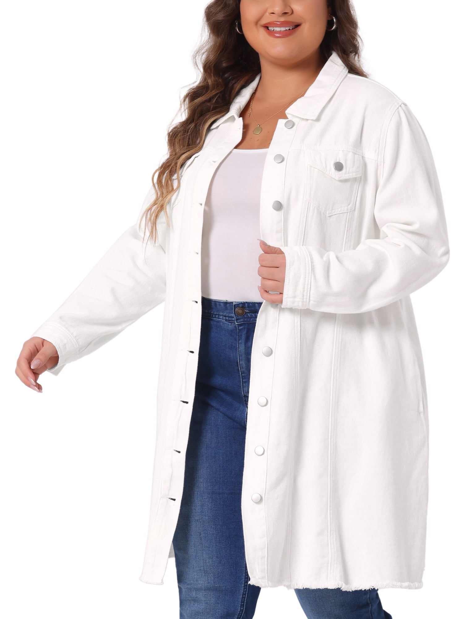 DARING DIVA Women's Plus Size Long Distressed Button Up Denim Jacket 3X White