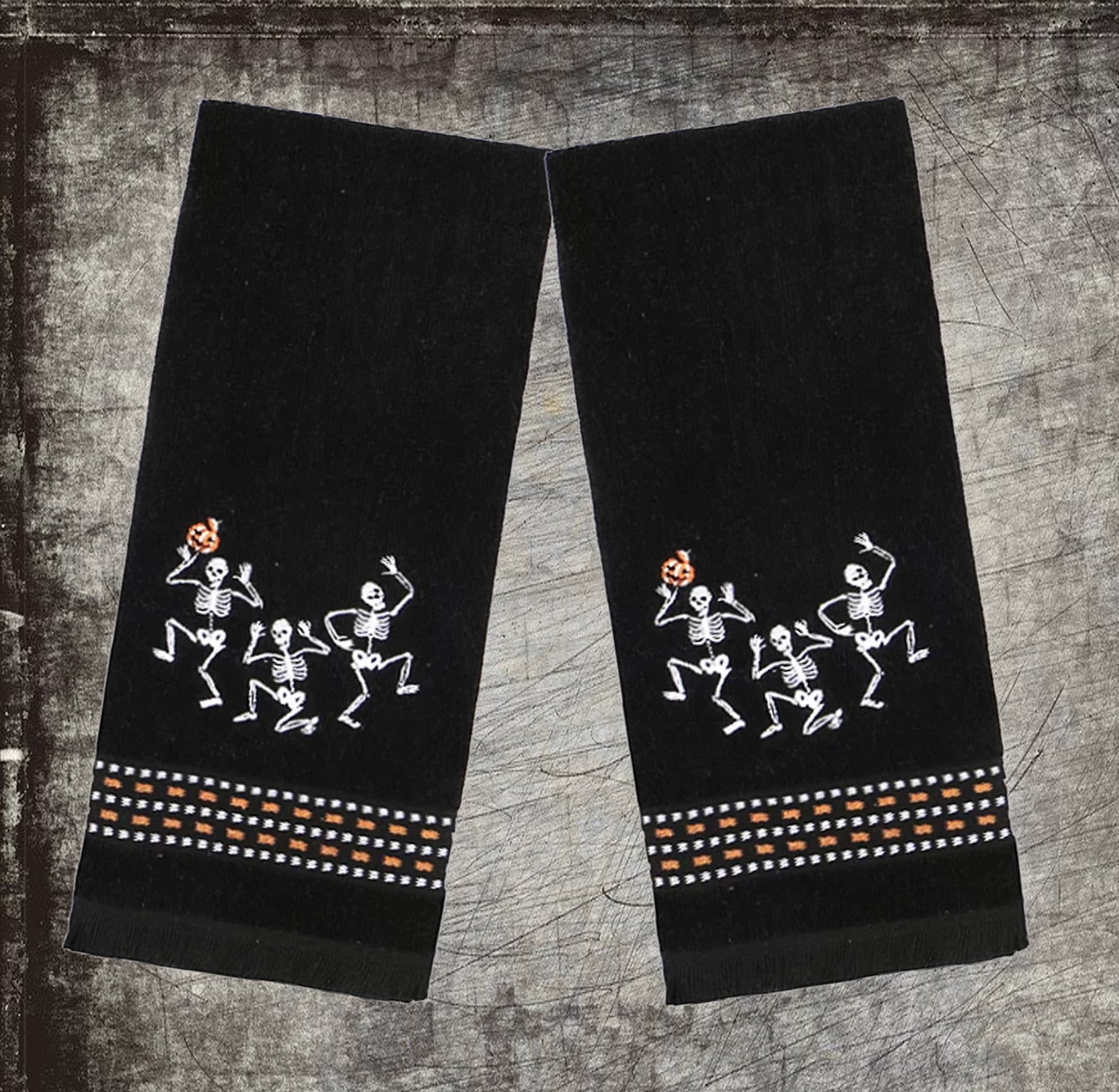 Celebrate Halloween Towels, Black Bath Hand Towel 2 Pack Set Embroidered Skeleton Trio Bathroom