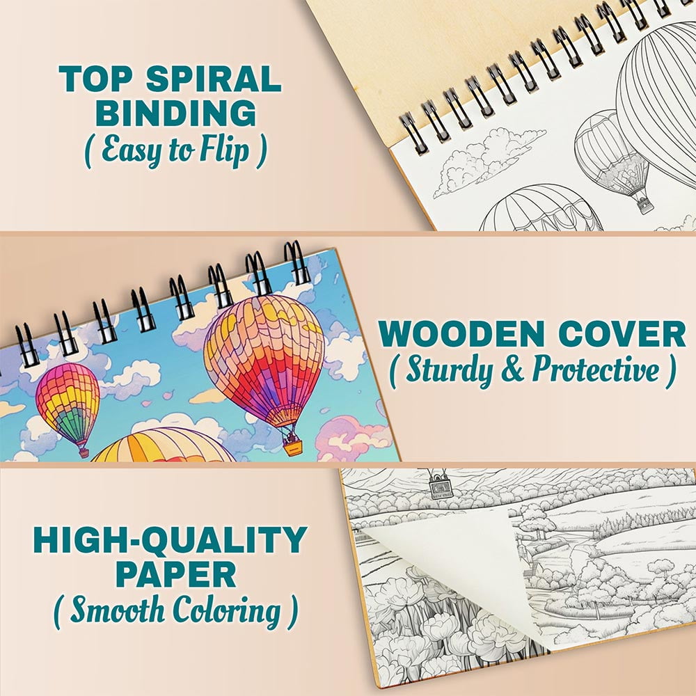 Netecom Spring Balloon Festivals Coloring Book Spiral Bound For Adults, A5 Wooden Cover, 30 Joyful Coloring Pages of Festivals in the Sky for Stress Relief and Relaxation