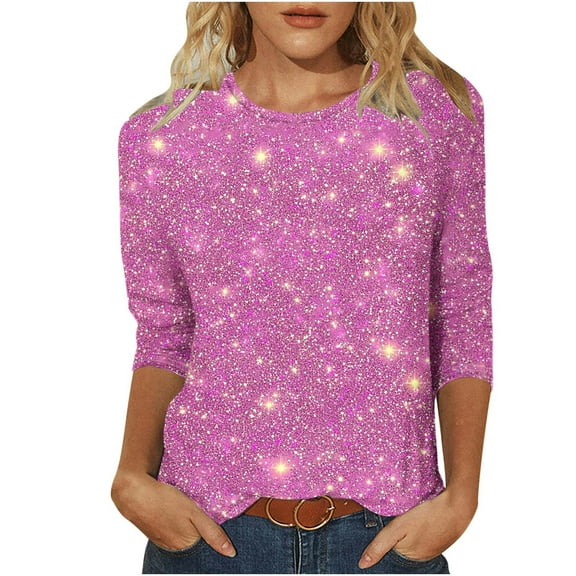 miqiqism Casual 3/4 Sleeve Shirts Women Crewneck Pullover Tops Glitter Tee Shirts Sparkly Glitter Shiny Outfit Summer Fashion Top Clothing,01_Hot Pink,Medium