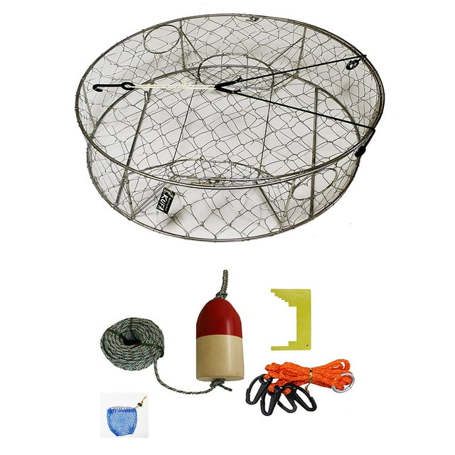 KUFA 28"Stainless Steel Crab Trap with Zinc Anode & Accessory Kit (100' Lead CoreRope, Clipper,Harness,Bait Case & 11" Red/White Float)